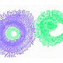 pvc free curtain with organic bursts of soft iris muted purple/blue and soft spring green on a frosted white background