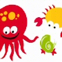 solid white PEVA shower curtain with red, yellow and green sea creatures