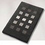 dense high pile contemporary rug with a geometric block pattern in eggplant, slate grey, dark blue or wine red